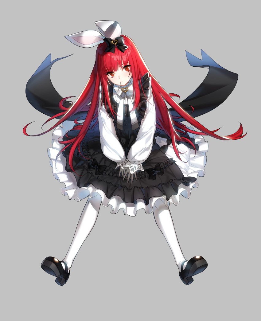 1girl absurdres animal_ears apron bangs black_apron black_bow black_footwear blunt_bangs bow bowtie candy closers dress fake_animal_ears food food_in_mouth frilled_apron frilled_dress frills full_body gloves grey_gloves hair_bow hands_on_floor highres lollipop long_hair long_sleeves looking_to_the_side mary_janes medium_dress mouth_hold official_art on_floor pantyhose puffy_long_sleeves puffy_sleeves rabbit_ears red_eyes redhead seth_(closers) shoes sitting solo tachi-e very_long_hair white_bow white_bowtie white_dress white_pantyhose