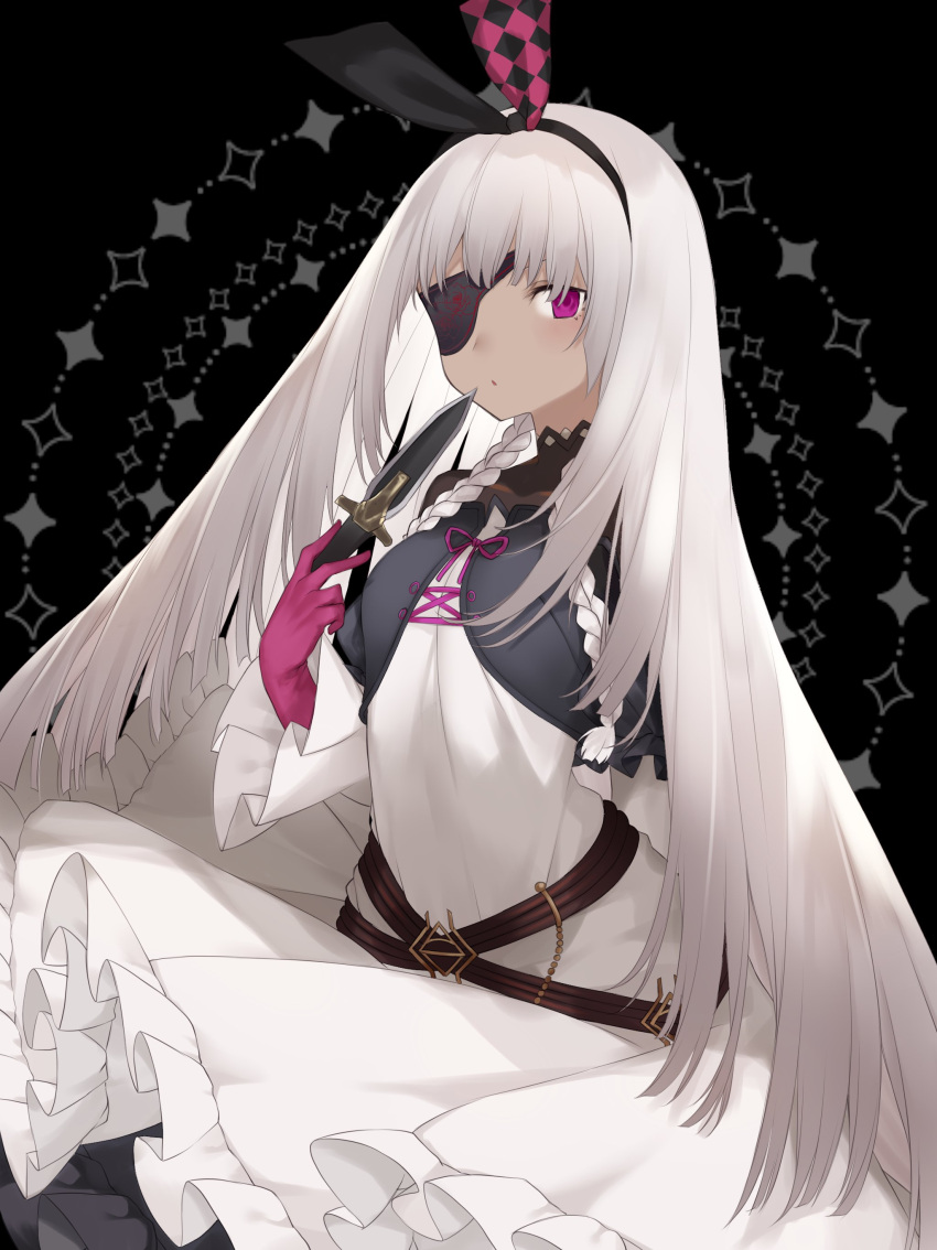 1girl absurdres black_bodysuit black_dress bodysuit bodysuit_under_clothes braid cross-laced_clothes cross-laced_dress dark-skinned_female dark_skin dohna_dohna_issho_ni_warui_koto_o_shiyou dress frilled_dress frills gloves grey_hair hairband highres holding holding_knife knife long_hair looking_at_viewer off-shoulder_dress off_shoulder pink_eyes pink_gloves print_eyepatch side_braids solo throwing_knife two-tone_background two-tone_dress weapon white_dress yammy_(dohna_dohna) yononaka