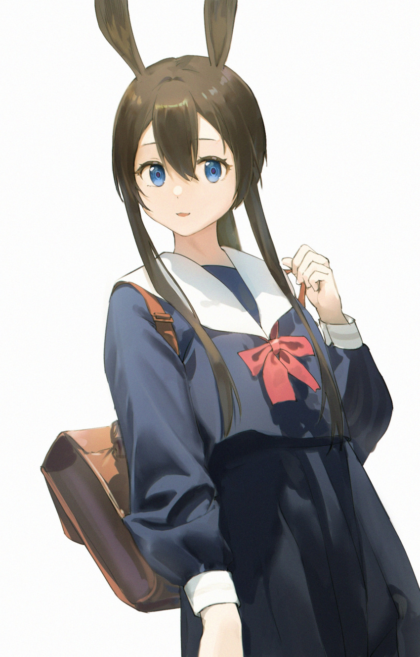 1girl alternate_costume amiya_(arknights) animal_ears arknights bag blue_eyes blue_shirt blue_skirt brown_hair commentary_request cowboy_shot hair_between_eyes hand_up highres long_hair long_sleeves looking_at_viewer open_mouth rabbit_ears rabbit_girl red_ribbon ribbon school_bag school_uniform shirt simple_background skirt smile solo white_background yuyin_(uzrv7533)