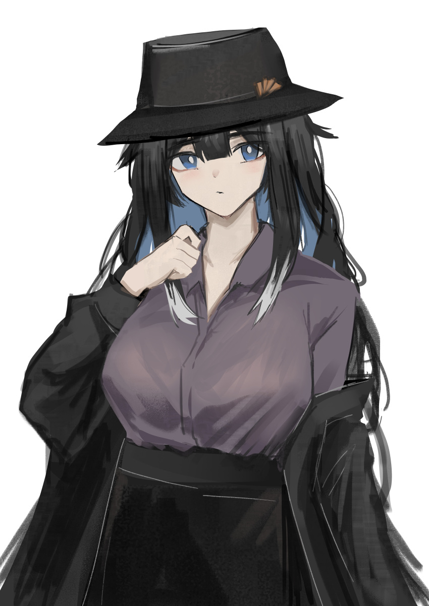 1girl absurdres arknights bangs black_hair black_headwear black_skirt blue_eyes blue_hair breasts bright_pupils closed_mouth coat grey_shirt hat highres kjera_(arknights) large_breasts long_hair long_sleeves looking_at_viewer multicolored_hair open_clothes open_coat shirt simple_background skirt solo upper_body very_long_hair wawamachi_(wawamachis) white_background white_hair
