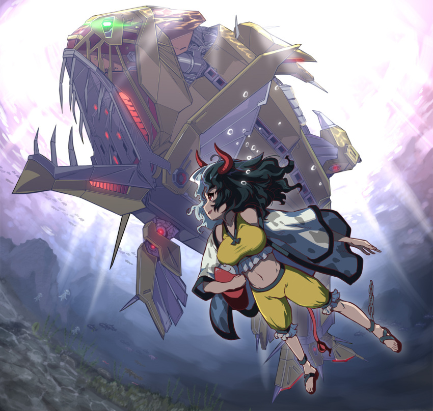1girl barefoot black_hair chain cow_horns crossover darius_(series) darius_gaiden full_body golden_ogre haori highres horns japanese_clothes long_sleeves medium_hair multicolored_hair navel open_mouth red_eyes red_horns sandals shorts smile solo split-color_hair syope touhou ushizaki_urumi white_hair wide_sleeves yellow_shorts