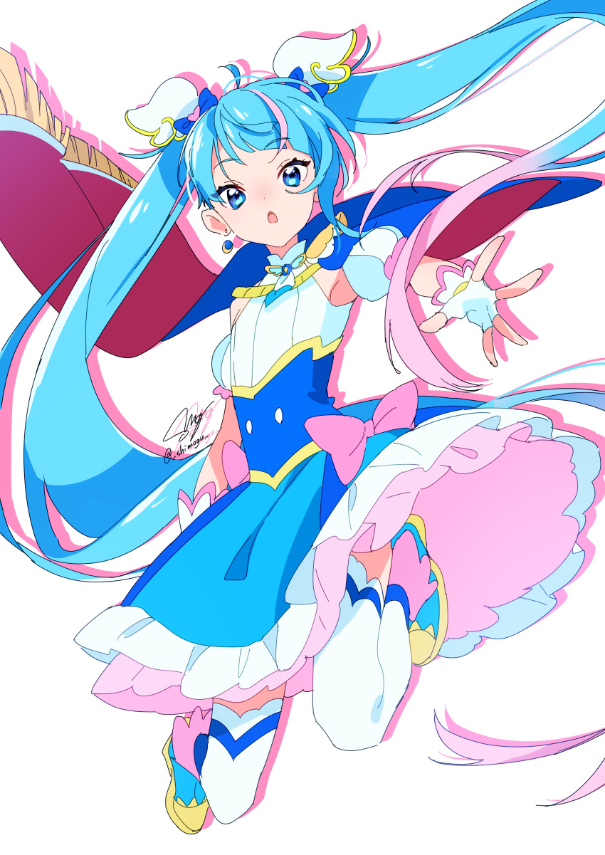1girl absurdres blue_cape blue_dress blue_eyes blue_hair cape cure_sky dress fingerless_gloves gloves highres hirogaru_sky!_precure long_hair looking_at_viewer magical_girl multicolored_cape multicolored_clothes open_mouth precure red_cape shimogu short_sleeves solo sora_harewataru twintails white_background