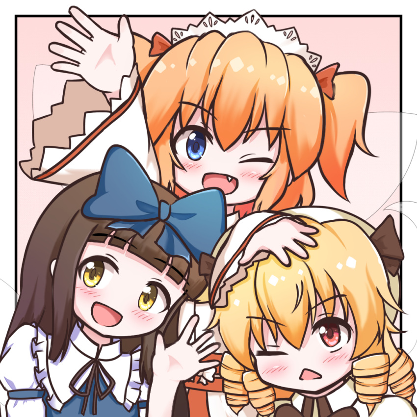 3girls black_hair blonde_hair blue_eyes blue_ribbon blush fairy fairy_wings keepkeep0322 long_hair long_sleeves looking_at_viewer luna_child multiple_girls one_eye_closed open_mouth red_eyes redhead ribbon smile star_sapphire sunny_milk touhou two_side_up wings yellow_eyes