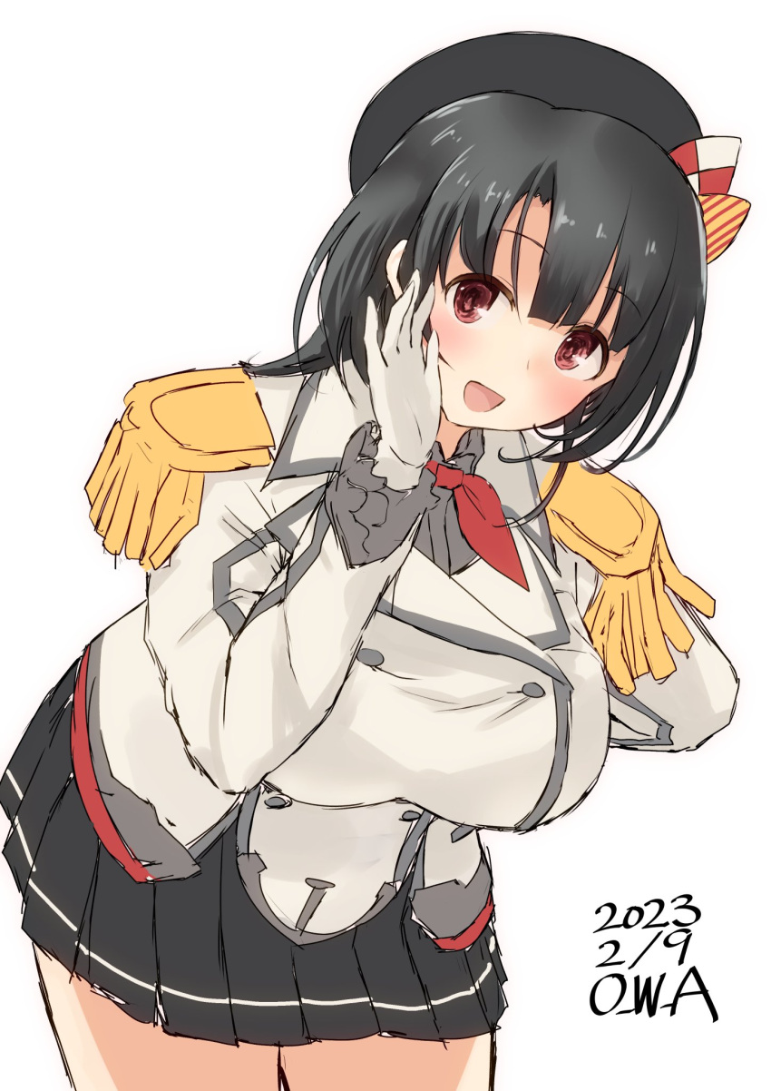 1girl alternate_costume artist_name beret black_hair black_skirt breasts buttons cosplay cowboy_shot dated double-breasted epaulettes frilled_sleeves frills gloves hand_on_own_cheek hand_on_own_face hat highres jacket kantai_collection kashima_(kancolle) kashima_(kancolle)_(cosplay) large_breasts looking_at_viewer military military_jacket military_uniform miniskirt neckerchief one-hour_drawing_challenge owa_(ishtail) pleated_skirt red_eyes red_neckerchief simple_background skirt solo takao_(kancolle) twitter_username uniform white_background white_gloves white_jacket