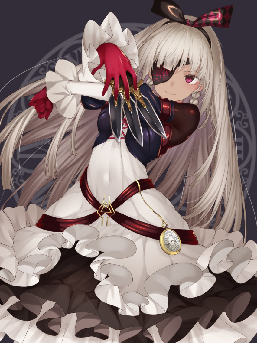 1girl absurdres black_bodysuit black_dress bodysuit bodysuit_under_clothes braid cross-laced_clothes cross-laced_dress dark-skinned_female dark_skin dohna_dohna_issho_ni_warui_koto_o_shiyou dress frilled_dress frills gloves grey_hair hairband hands_up highres holding holding_knife knife long_hair looking_at_viewer off-shoulder_dress off_shoulder pink_eyes pocket_watch print_eyepatch red_gloves roman_numeral side_braids solo throwing_knife two-tone_background two-tone_dress watch weapon white_dress yammy_(dohna_dohna) yononaka