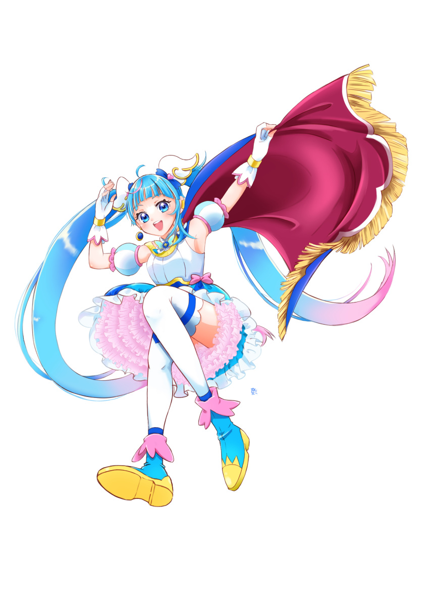 1girl blue_eyes blue_hair blue_skirt blue_sky boots brooch cape clouds cure_sky detached_sleeves fingerless_gloves frills fujisaki_star gloves highres hirogaru_sky!_precure jewelry long_hair magical_girl open_mouth precure puffy_detached_sleeves puffy_sleeves shirt single_sidelock skirt sky smile sora_harewataru thigh-highs twintails two-sided_cape two-sided_fabric white_shirt white_thighhighs wing_brooch wing_hair_ornament