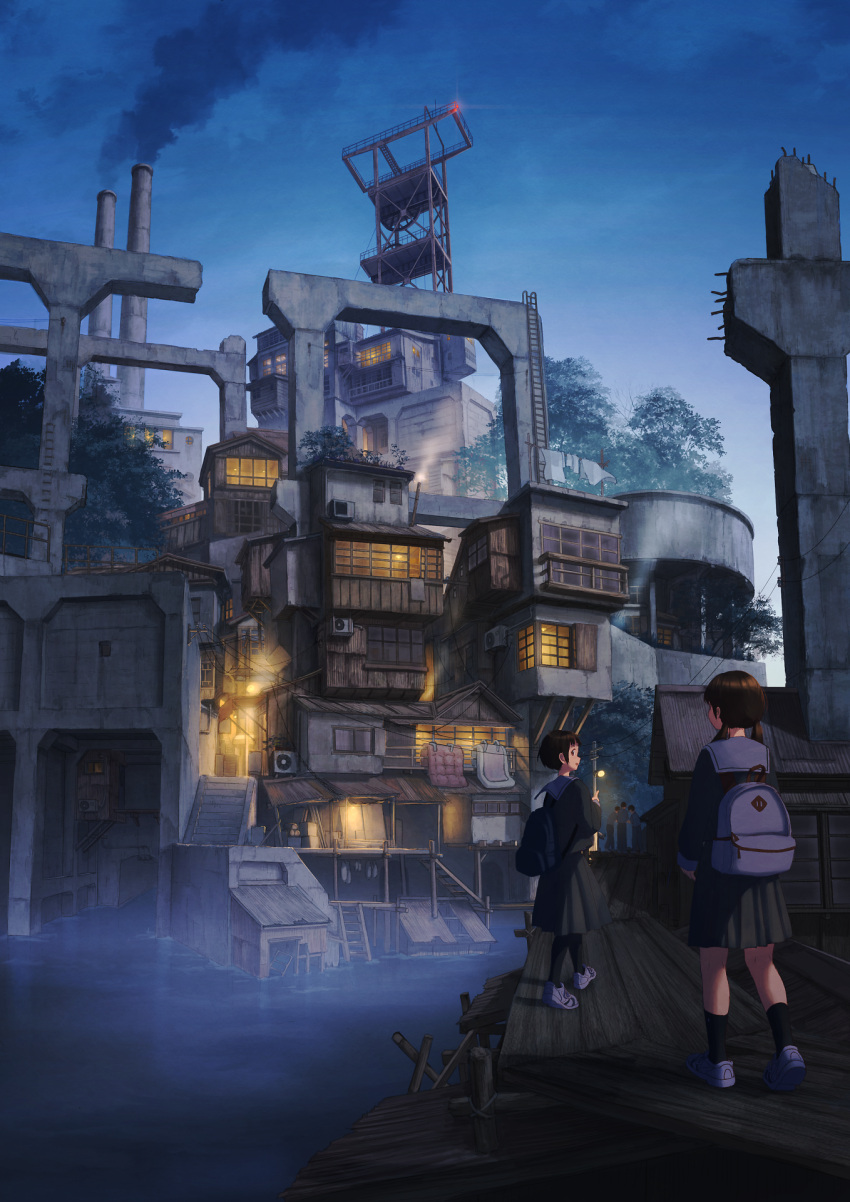 2girls 3boys air_conditioner backpack bag balcony black_hair black_pantyhose black_skirt black_socks blanket blue_serafuku blue_shirt brown_hair building chimney clothes_dryer clothesline concrete dock drying drying_clothes dusk grey_sailor_collar highres industrial ladder lamppost laundry_pole looking_at_another looking_back mattress medium_hair multiple_boys multiple_girls original outdoors pantyhose pleated_skirt pochi_(poti1990) ruins sailor_collar scenery school_uniform serafuku shirt shoes short_hair skirt sky sneakers socks stairs tree turning_head twintails utility_pole walking water wire wooden_ceiling wooden_wall