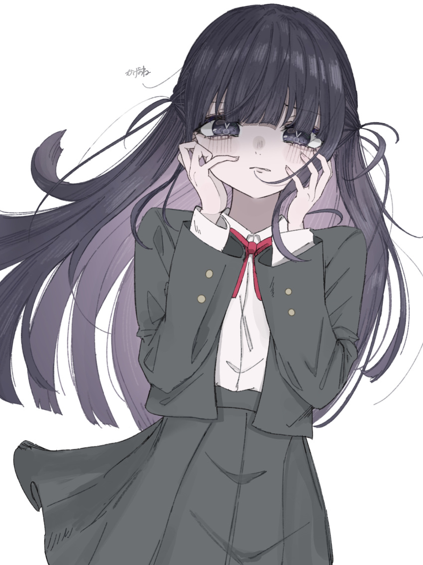 1girl artist_name bangs biting black_eyes black_hair blunt_bangs blunt_ends blush bow bowtie collared_shirt commentary_request cowboy_shot floating_hair grey_jacket grey_skirt hands_on_own_cheeks hands_on_own_face hands_up high-waist_skirt highres jacket kagenone lip_biting long_hair long_sleeves looking_at_viewer open_clothes open_jacket parted_lips pleated_skirt red_bow red_bowtie school_uniform seishou_music_academy_uniform shirt shirt_tucked_in shoujo_kageki_revue_starlight sidelocks simple_background skirt solo standing tsuyuzaki_mahiru two_side_up very_long_hair white_background white_shirt