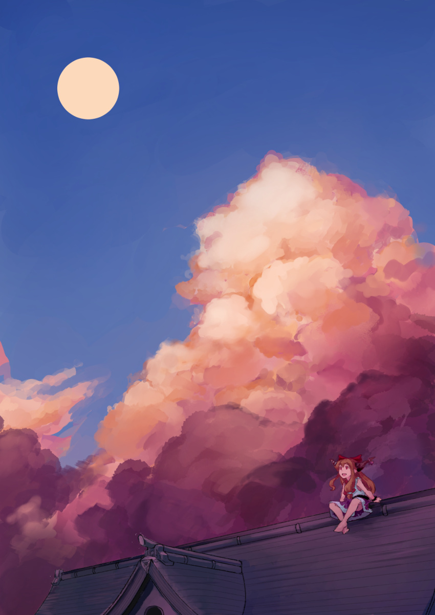 1girl bangs barefoot belt black_belt blue_sky bow brown_horns clouds commentary_request flat_chest full_body full_moon hair_bow highres horns hyoutan_tan ibuki_suika moon open_mouth orange_eyes orange_hair outdoors purple_skirt red_bow red_scarf rooftop scarf scenery shirt sitting skirt sky sleeveless sleeveless_shirt smile solo touhou white_shirt wide_shot