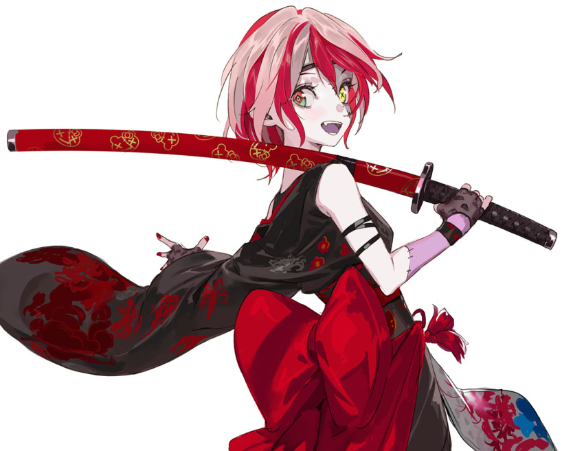 1girl black_kimono colored_skin diamond-shaped_pupils diamond_(shape) fangs fingerless_gloves floral_print forehead_protector gloves green_eyes grey_skin heterochromia holding holding_sword holding_weapon hololive hololive_indonesia japanese_clothes katana kimono kureiji_ollie mismatched_pupils multicolored_hair multicolored_skin pako_(pakosun) patchwork_skin pink_hair red_eyes red_nails redhead sash sheath sheathed short_hair simple_background solo stitched_arm stitched_face stitches sword symbol-shaped_pupils teeth virtual_youtuber weapon white_background wide_sleeves x-shaped_pupils yellow_eyes zombie