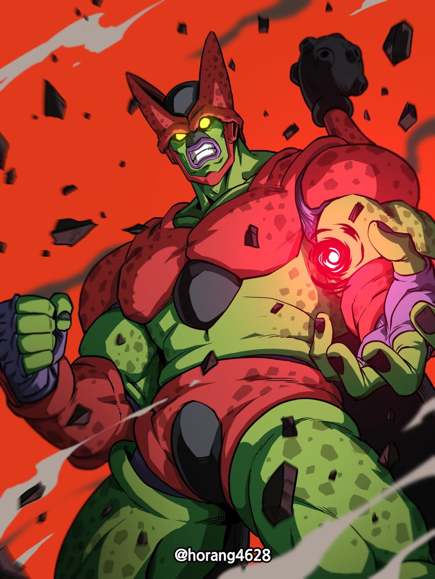 1boy absurdres armor biceps black_nails blank_eyes bracer cell_max clenched_hand clenched_teeth collarbone colored_skin commentary_request cowboy_shot debris dragon_ball dragon_ball_super dragon_ball_super_super_hero energy fingernails green_skin hand_up highres horang4628 korean_commentary looking_at_viewer looking_down male_focus red_background simple_background smoke solo standing tail teeth yellow_eyes