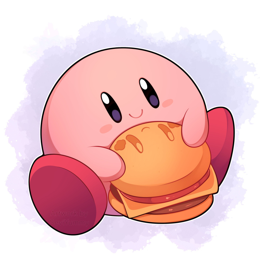 absurdres blue_background blush blush_stickers burger closed_mouth commentary food full_body highres holding holding_food kirby kirby_(series) kirby_burger looking_at_viewer no_humans sevi_(seviyummy) simple_background sitting smile solo white_background
