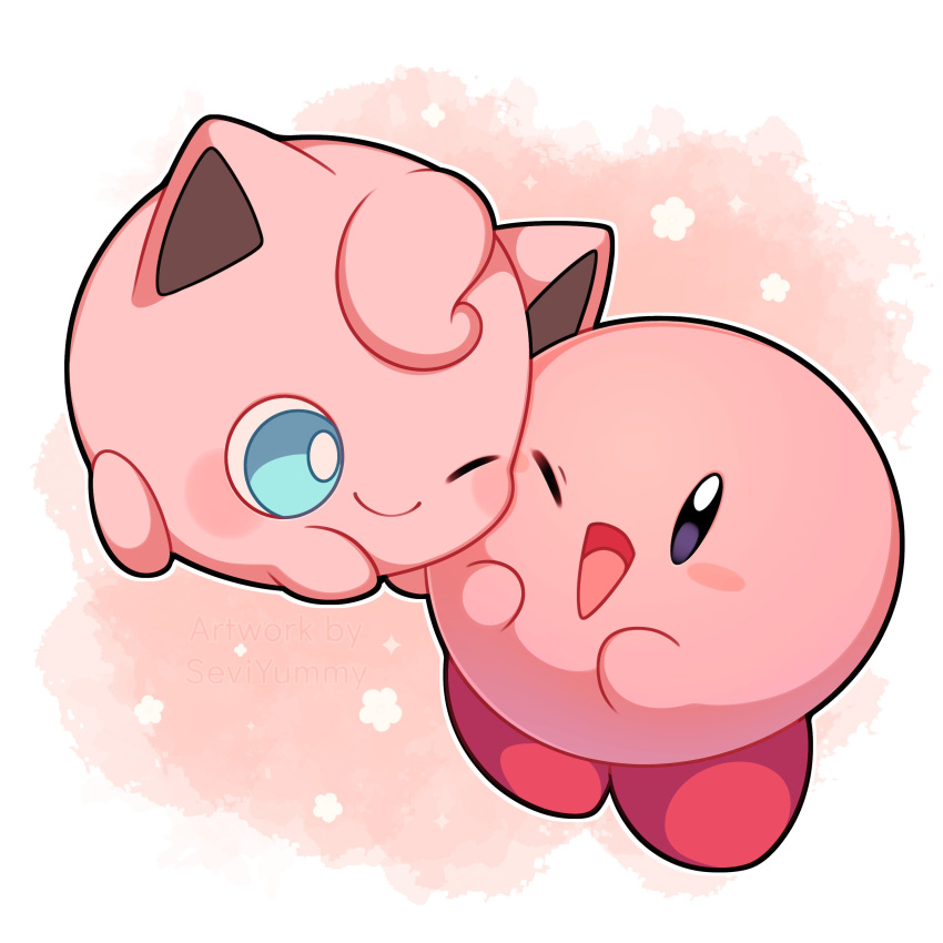 ;d absurdres blue_eyes blush blush_stickers bright_pupils cheek-to-cheek closed_mouth commentary english_commentary full_body happy heads_together highres hug jigglypuff kirby kirby_(series) looking_at_another no_humans one_eye_closed open_mouth pink_background pokemon pokemon_(creature) sevi_(seviyummy) simple_background smile star_(symbol) white_background white_pupils