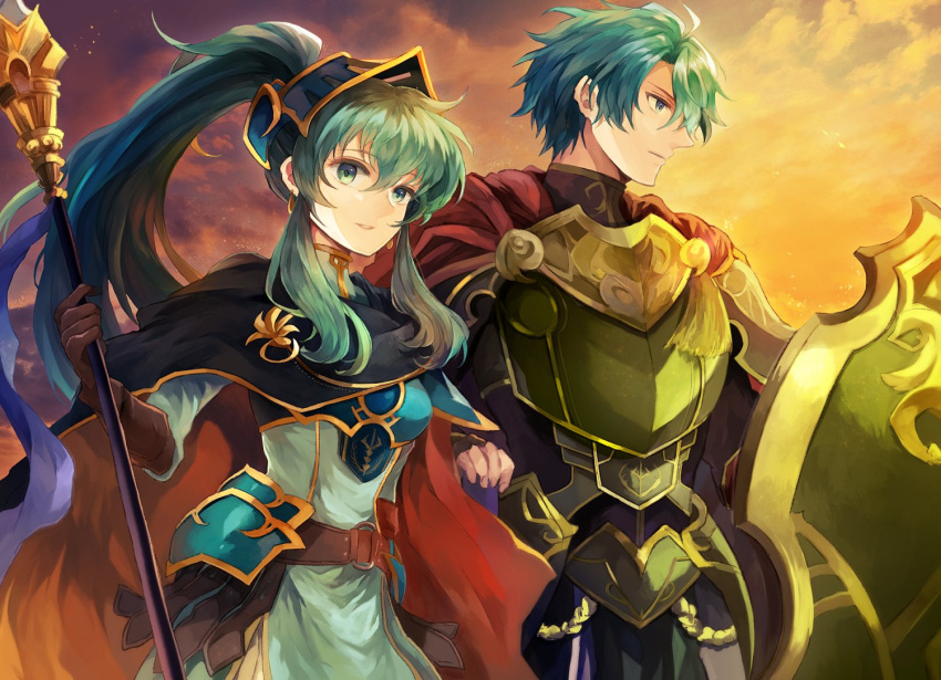 1boy 1girl aqua_eyes aqua_hair armor bangs blue_eyes blue_hair breastplate brother_and_sister cape earrings eirika_(fire_emblem) ephraim_(fire_emblem) fingerless_gloves fire_emblem fire_emblem:_the_sacred_stones fire_emblem_heroes gloves jewelry leaf_(esabacoo) long_hair looking_at_viewer siblings simple_background skirt smile thigh-highs weapon
