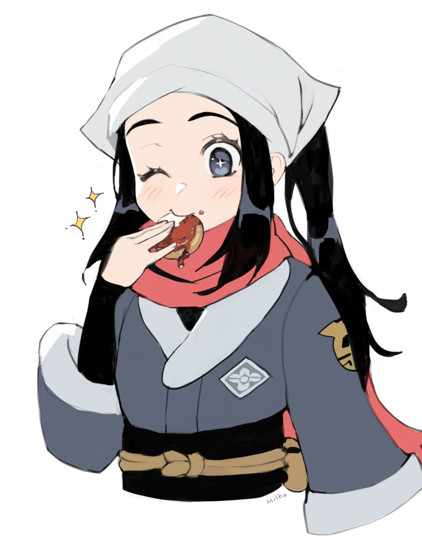 +_+ 1girl ;) akari_(pokemon) black_hair black_sash black_shirt blush brown_bag closed_mouth eating eyelashes food food_on_face grey_eyes grey_jacket hand_up head_scarf highres holding holding_food imomochi jacket looking_down milka_(milk4ppl) mouth_hold one_eye_closed pokemon pokemon_(game) pokemon_legends:_arceus ponytail sash shirt sidelocks simple_background smile solo sparkle upper_body white_background white_headwear