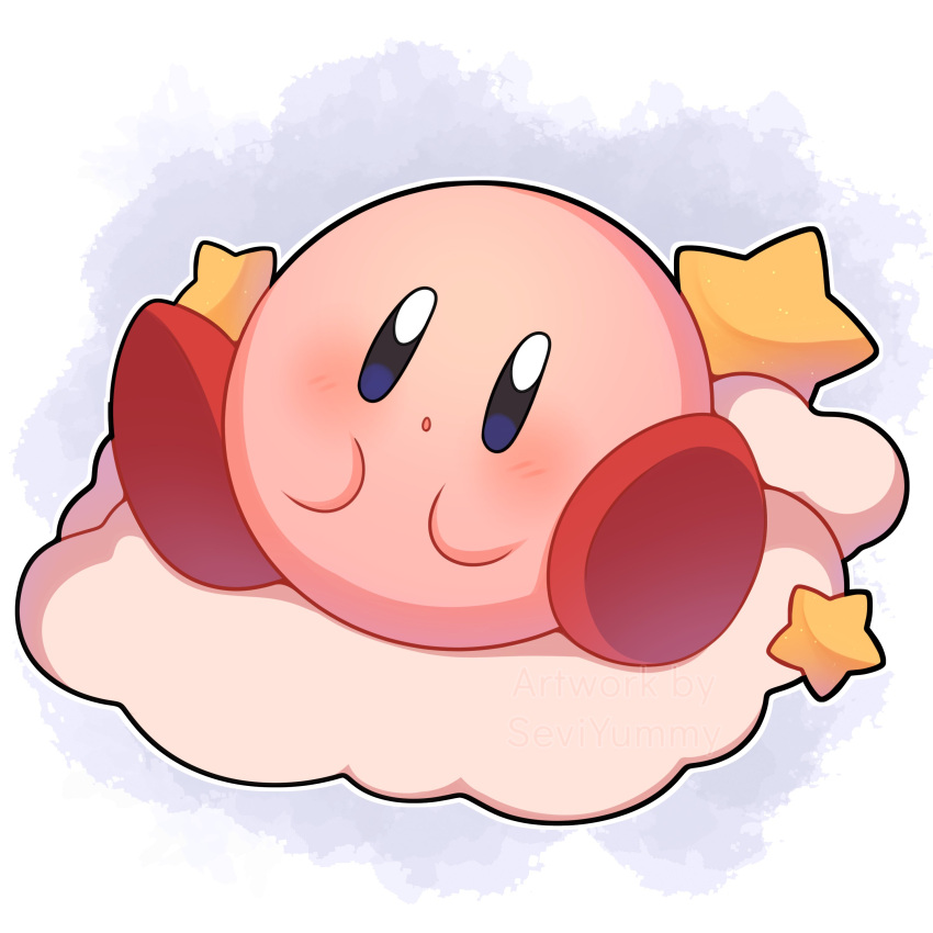 :o absurdres blue_background blush clouds commentary full_body highres kirby kirby_(series) looking_at_viewer no_humans parted_lips sevi_(seviyummy) simple_background sitting sitting_on_cloud solo star_(symbol) white_background