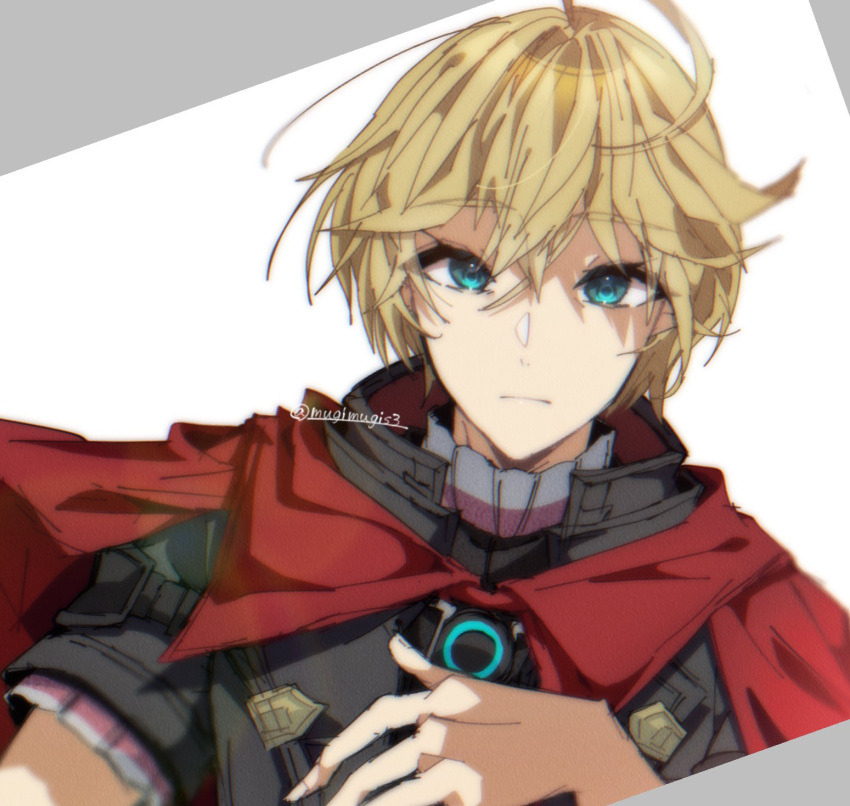 1boy blonde_hair blue_eyes breasts cape highres looking_at_viewer male_focus mugimugis short_hair shulk_(xenoblade) simple_background solo white_background xenoblade_chronicles_(series) xenoblade_chronicles_1 xenoblade_chronicles_3