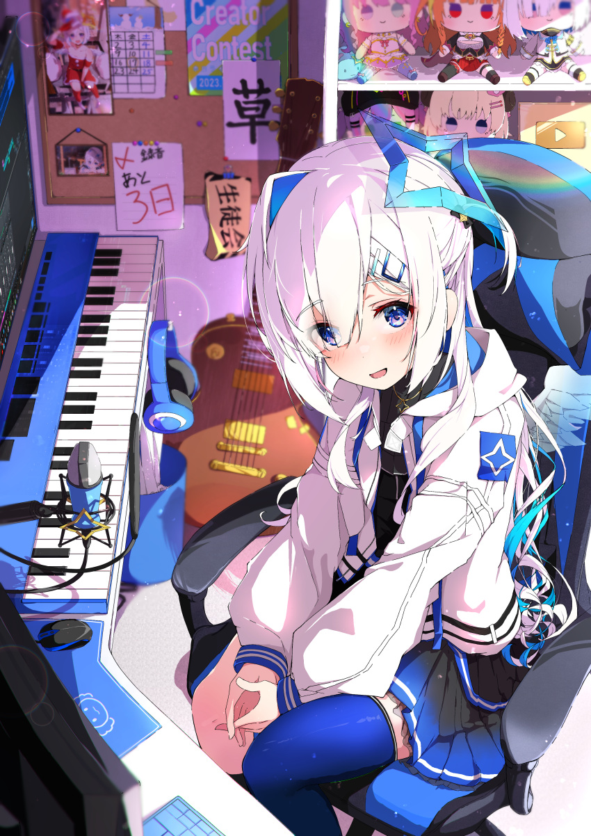 1girl absurdres amane_kanata bangs black_shirt black_skirt black_socks blue_skirt blue_thighhighs blurry blurry_background blush boom_microphone chair day feet_out_of_frame gaming_chair gradient_skirt guitar hair_between_eyes hair_ornament hair_over_shoulder hairclip headphones highres hololive instrument jacket jewelry keyboard_(computer) long_hair long_sleeves looking_at_viewer microphone mouse mouse_(computer) necklace on_chair open_clothes open_jacket open_mouth own_hands_together piano picture_(object) pleated_skirt shelf shirt sidelocks single_thighhigh sitting skirt smile socks solo spice_mega stuffed_animal stuffed_toy sunlight swivel_chair thigh-highs v_arms violet_eyes virtual_youtuber white_hair white_jacket