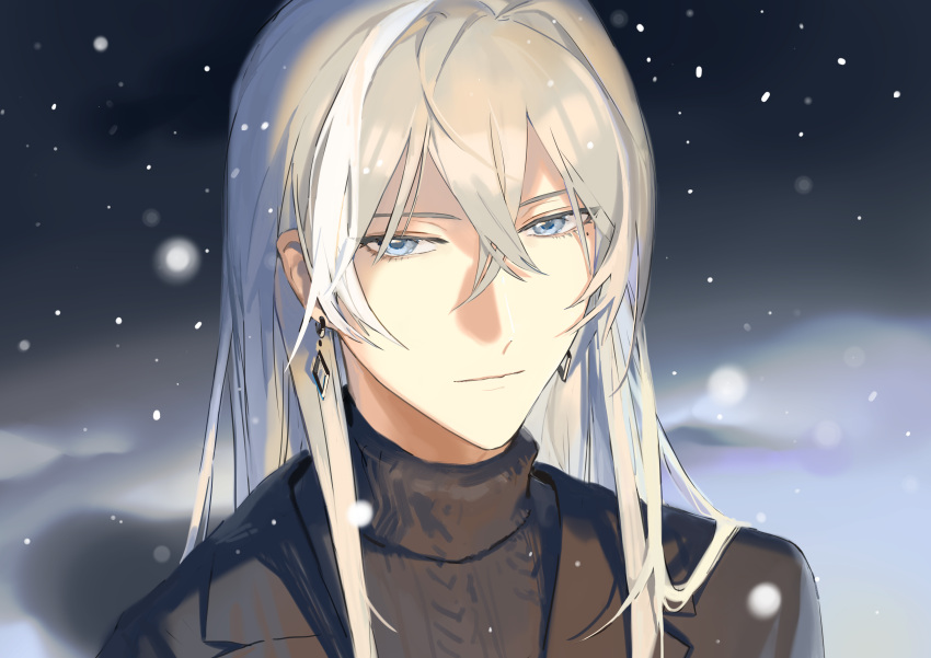 1boy absurdres black_background black_sweater blue_eyes closed_mouth earrings highres idolish_7 jewelry long_hair looking_at_viewer male_focus mole mole_under_eye multicolored_background smile snow snowing solo sweater turtleneck turtleneck_sweater white_background white_hair yhsg yuki_(idolish_7)