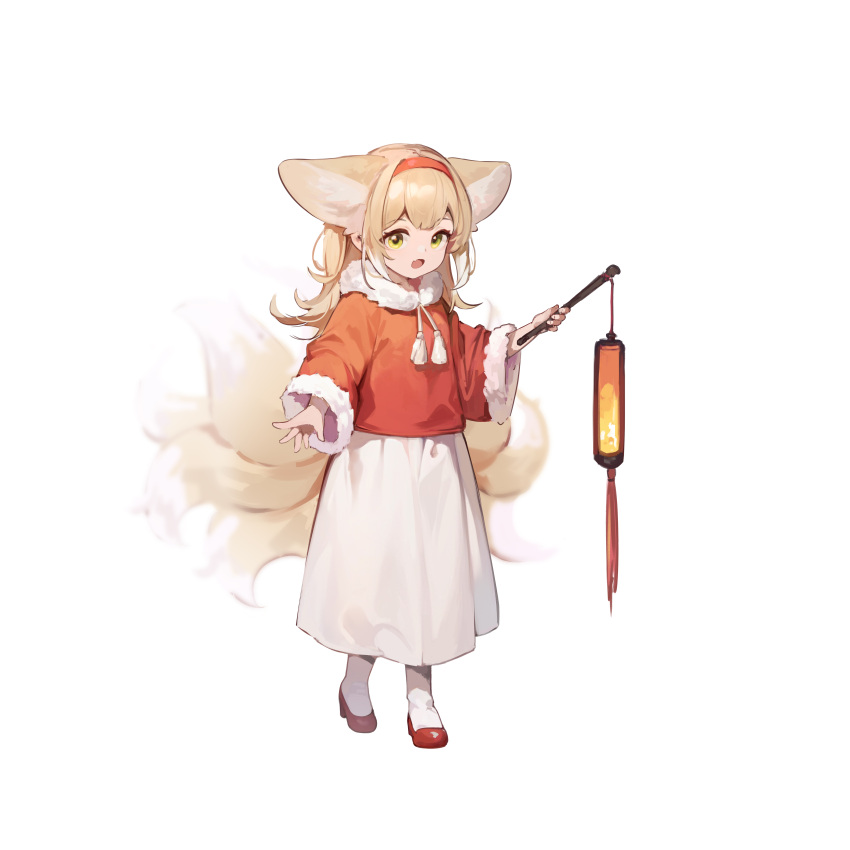 1girl :d absurdres animal_ear_fluff animal_ears arknights blonde_hair fox_ears fox_girl fox_tail full_body fur-trimmed_shirt fur-trimmed_sleeves fur_trim hairband high_heels highres lantern long_hair long_skirt long_sleeves looking_at_viewer multiple_views open_mouth pantyhose red_footwear red_hairband red_shirt shio_(7203802) shirt simple_background skirt smile solo standing suzuran_(arknights) tail white_background white_pantyhose white_skirt yellow_eyes