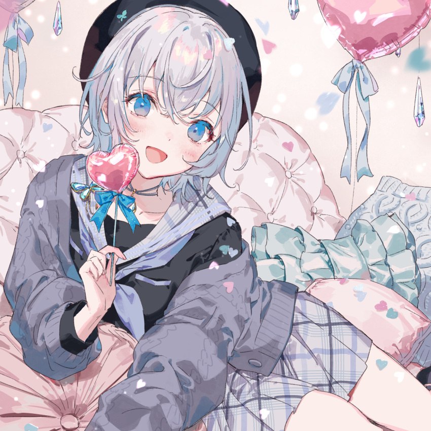 1girl :d animal_print balloon blue_eyes blue_hair blush butterfly_print grey_hair hat highres indie_virtual_youtuber jacket looking_at_viewer multicolored_hair open_clothes open_jacket open_mouth plaid plaid_skirt shizuku_lulu short_hair skirt smile virtual_youtuber yutsumoe