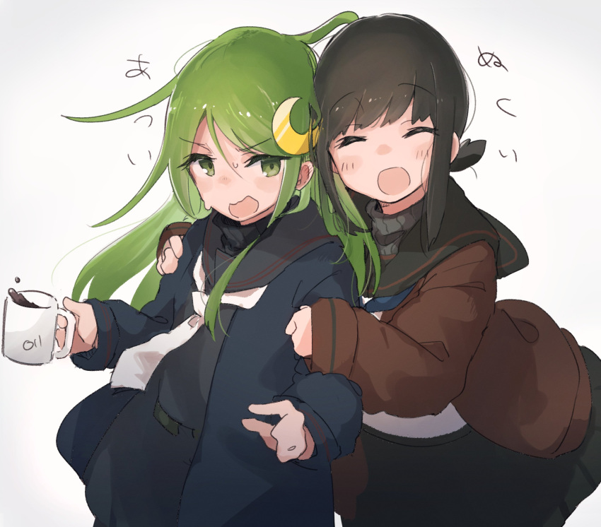 2girls black_cardigan black_hair black_sailor_collar black_serafuku black_skirt blush brown_cardigan cardigan closed_eyes coffee coffee_mug crescent crescent_hair_ornament cup fubuki_(kancolle) fubuki_kai_ni_(kancolle) green_eyes green_hair hair_ornament highres holding holding_cup kantai_collection long_hair long_sleeves ma_rukan mug multiple_girls nagatsuki_(kancolle) neckerchief open_cardigan open_clothes open_mouth sailor_collar school_uniform serafuku short_hair short_ponytail signature simple_background skirt smile translation_request white_background white_neckerchief