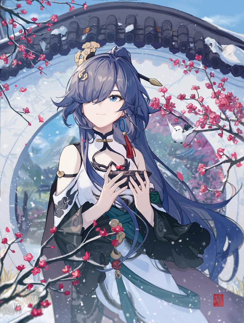 1girl absurdres bangs bare_shoulders black_hair blue_eyes blue_sky branch cleavage_cutout closed_mouth clothing_cutout dress earrings fu_hua fu_hua_(azure_empyrea) hair_ornament hair_over_one_eye heiankyo_327 highres holding honkai_(series) honkai_impact_3rd jewelry long_hair long_sleeves looking_at_viewer outdoors single_earring sky smile snowing solo very_long_hair white_dress