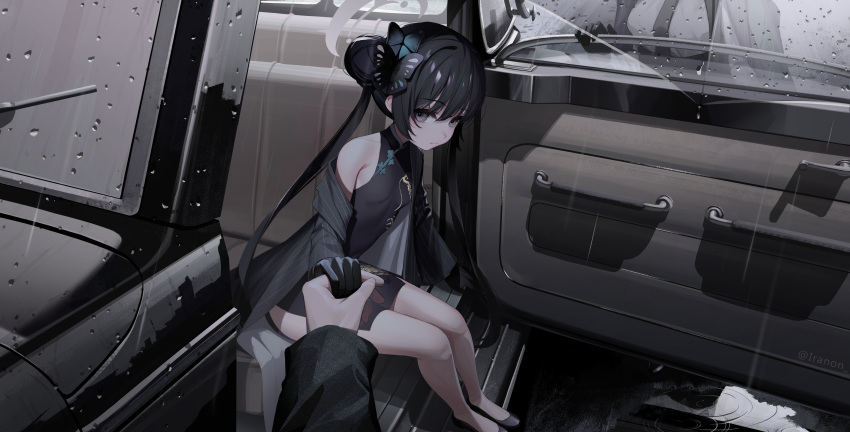1girl 1other 2girls absurdres bare_shoulders barefoot black_dress black_gloves black_hair blue_archive braid braided_bun butterfly_hair_ornament car car_interior china_dress chinese_clothes coat double_bun dragon_print dress feet gloves grey_coat grey_eyes ground_vehicle hair_bun hair_ornament halo hand_grab highres iranon_(new_iranon) kisaki_(blue_archive) long_hair motor_vehicle multiple_girls open_door pov print_dress rain reflection reflective_water short_dress side_slit sleeveless sleeveless_dress striped_coat twintails vertical-striped_coat water_drop
