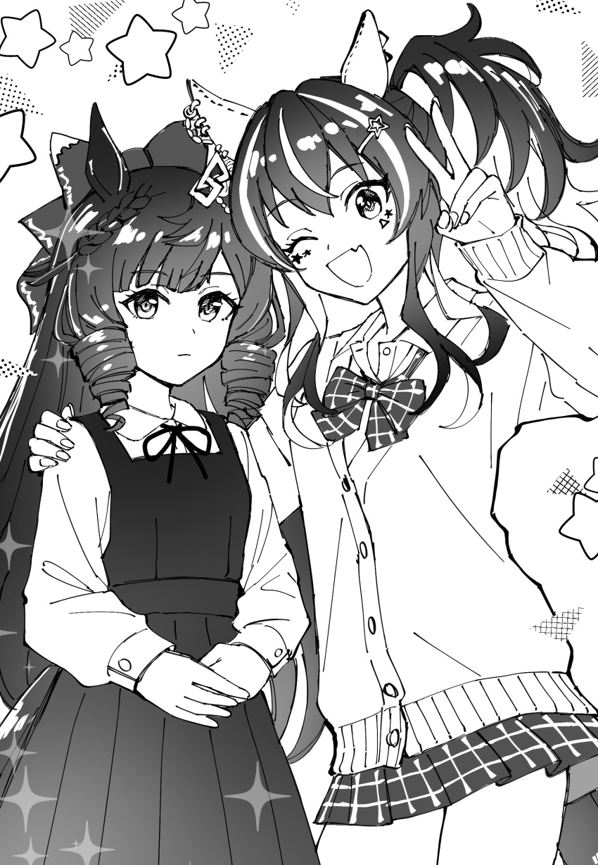 2girls animal_ears bow bowtie braid card collared_shirt daiichi_ruby_(umamusume) daitaku_helios_(umamusume) dress ear_covers expressionless fang greyscale hair_bow hair_ornament hair_rings hairclip hand_on_another's_shoulder hand_up highres horse_ears long_hair long_sleeves looking_at_viewer miniskirt monochrome multiple_girls nayuta_ggg neck_ribbon one_eye_closed open_mouth own_hands_together pinafore_dress pleated_skirt ribbon shirt side_ponytail single_braid skin_fang skirt smile sparkle star_(symbol) umamusume v
