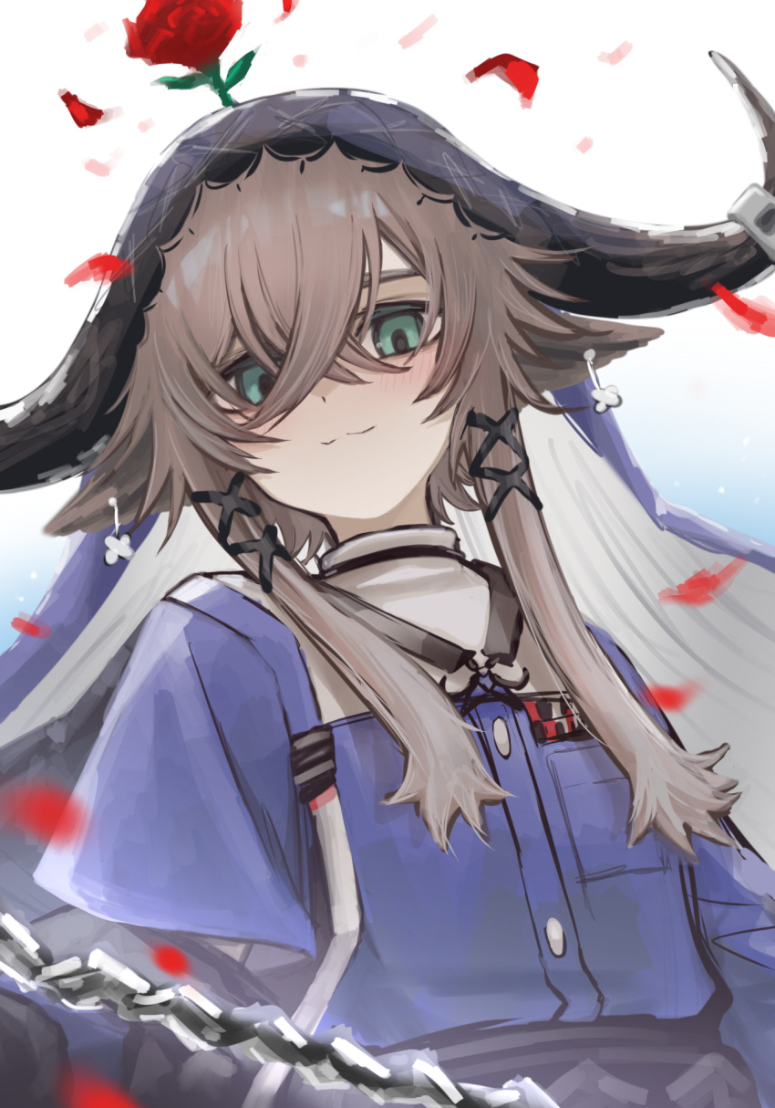 1girl 3_(sanyako1) :3 arknights bangs blue_shirt blush brown_hair chain closed_mouth cow_girl cow_horns flower green_eyes hair_between_eyes highres horns looking_at_viewer pallas_(arknights) petals red_flower red_rose rose shirt short_hair_with_long_locks short_sleeves sidelocks simple_background smile solo upper_body veil white_background