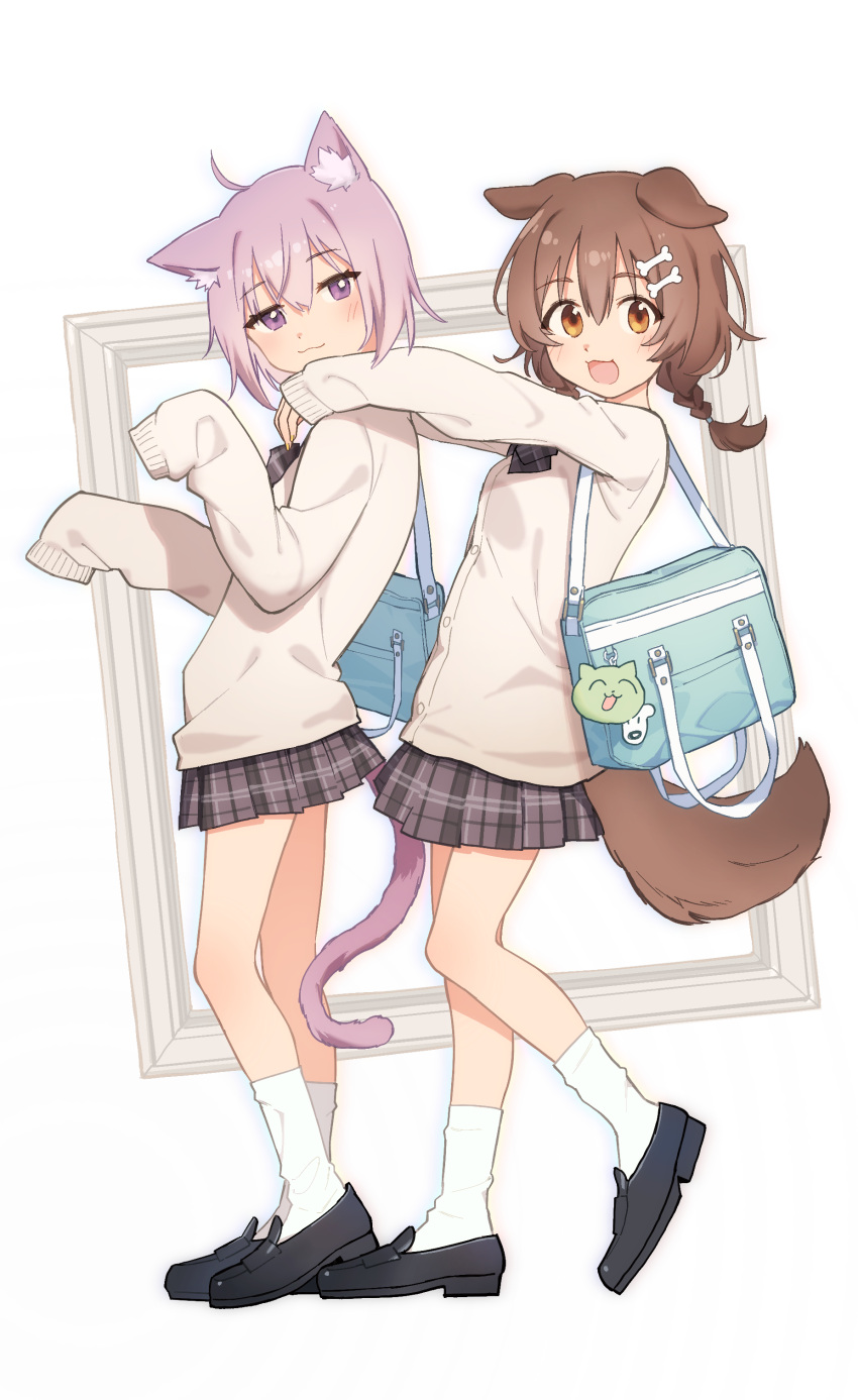 2girls :d absurdres animal_ear_fluff animal_ears bag bag_charm bangs black_footwear blush bone_hair_ornament bow braid brown_cardigan brown_hair cardigan cartoon_bone cat_ears cat_girl cat_tail charm_(object) closed_mouth commentary_request dog_ears dog_girl dog_tail from_side grey_bow grey_skirt hair_between_eyes hair_ornament highres hololive inugami_korone loafers long_hair long_sleeves multiple_girls nekomata_okayu picture_frame plaid plaid_bow plaid_skirt pleated_skirt purple_hair red_eyes school_bag school_uniform shoes simple_background skirt sleeves_past_fingers sleeves_past_wrists smile socks standing standing_on_one_leg tail tugo twin_braids violet_eyes virtual_youtuber white_background white_socks