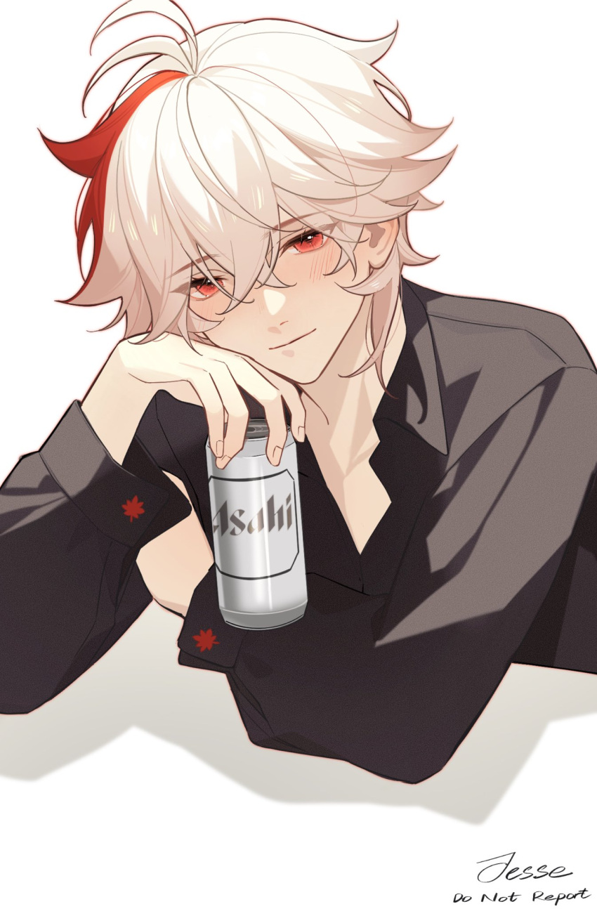 1boy alcohol alternate_costume asahi_breweries bangs beer beer_can black_shirt blush can closed_mouth collared_shirt drunk english_commentary genshin_impact hair_between_eyes highres holding jesse_(pixiv34586727) kaedehara_kazuha long_sleeves looking_at_viewer male_focus multicolored_hair red_eyes redhead shirt signature simple_background solo streaked_hair upper_body white_background white_hair