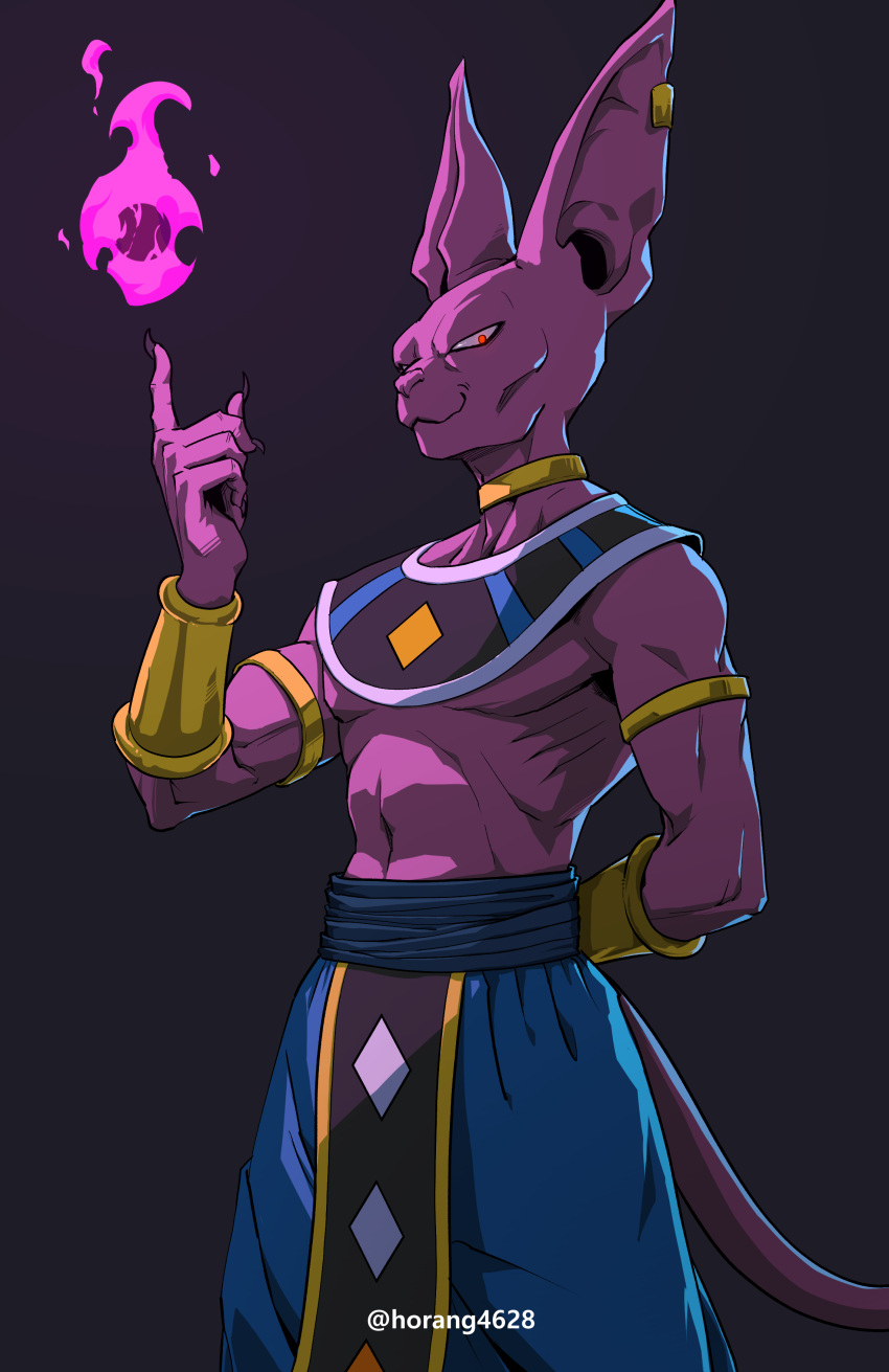 1boy absurdres arm_behind_back armlet artist_name baggy_pants beerus biceps black_background black_nails blue_pants blue_sash bracer closed_mouth colored_skin commentary_request dragon_ball dragon_ball_super ear_piercing earrings egyptian_clothes fingernails fire flame hand_up highres horang4628 jewelry korean_commentary long_fingernails looking_at_viewer male_focus neck_ring pants piercing purple_fire purple_skin red_eyes ribs sash sharp_fingernails simple_background smile solo stomach tail twitter_username v-shaped_eyebrows