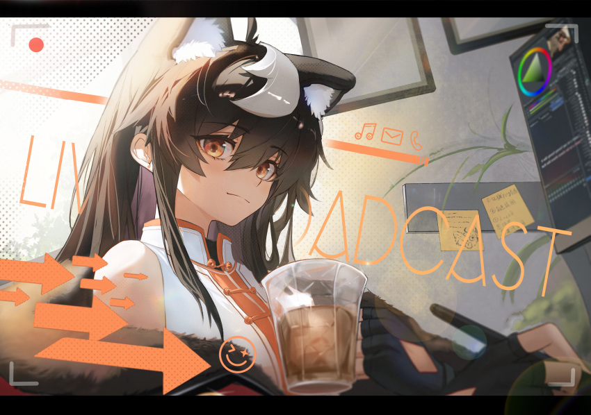 1girl absurdres animal_ear_fluff arrow_(symbol) bare_shoulders black_gloves black_hair blush closed_mouth cup drawing drink drinking_glass emoji fingernails gloves highres holding holding_cup indoors long_hair looking_at_viewer monitor multicolored_hair orange_eyes original polaris_(user_rdgx7257) shirt sleeveless smile solo streaked_hair stylus two-tone_hair upper_body white_shirt