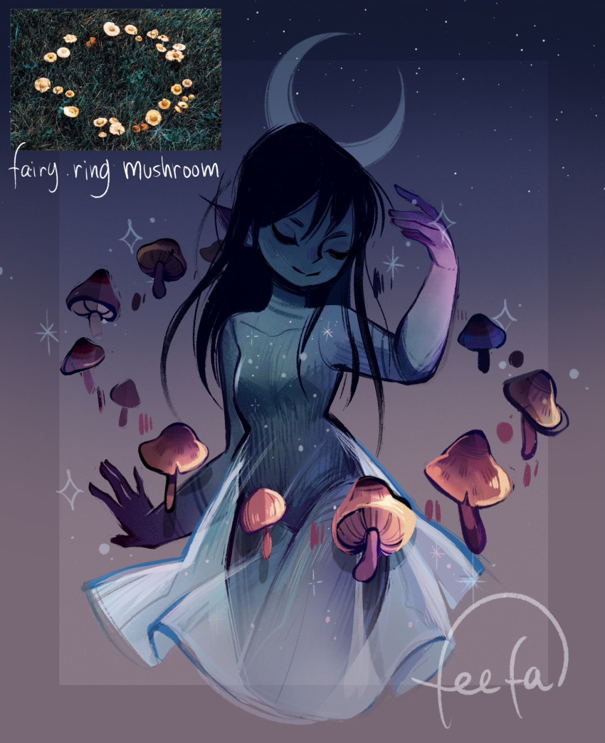 black_hair blue_skin closed_eyes colored_skin commentary crescent_moon english_commentary feefal gradient_background gradient_skin hand_up highres light_smile long_hair moon mushroom mushroom_girl original personification pointy_ears see-through see-through_skirt signature skirt starry_background