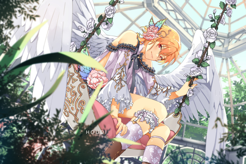 1boy androgynous angel angel_wings artist_name blonde_hair butterfly_hair_ornament closed_mouth dress ensemble_stars! flower hair_flower hair_ornament houdi_nguyen looking_at_viewer male_focus nito_nazuna off-shoulder_dress off_shoulder pink_flower pink_rose red_eyes rose short_hair smile solo swing swinging white_dress wings