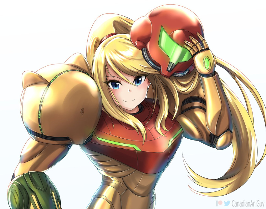 1girl armor blonde_hair blue_eyes canadiananiguy english_commentary headwear_removed helmet helmet_removed long_hair looking_at_viewer metroid ponytail samus_aran smile solo upper_body v-shaped_eyebrows watermark white_background