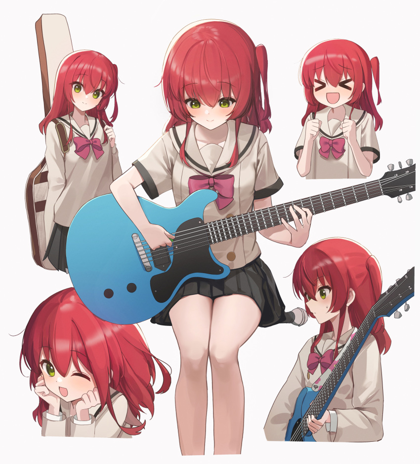 &gt;_&lt; 1girl :d absurdres acoustic_guitar bangs black_skirt blush bocchi_the_rock! bow bowtie closed_mouth collarbone green_eyes guitar guitar_case hair_between_eyes hair_over_shoulder highres holding holding_instrument instrument instrument_case kita_ikuyo long_sleeves looking_at_viewer looking_down lunia medium_hair multiple_views one_eye_closed one_side_up pink_bow pleated_skirt redhead school_uniform serious shirt sidelocks simple_background sitting skirt smile standing sweatdrop white_background yellow_shirt