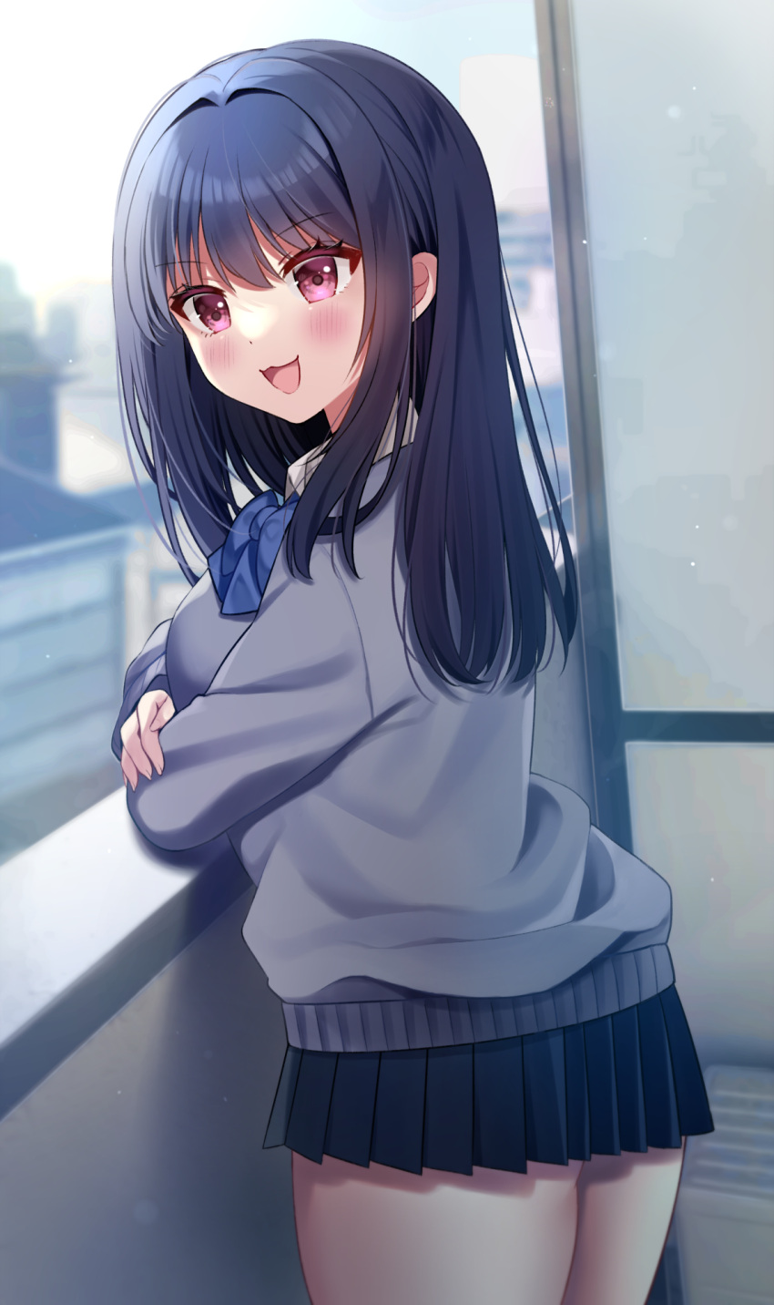 1girl :d bangs black_hair black_skirt blue_bow blurry blurry_background blush bow collared_shirt commentary_request depth_of_field grey_sweater hair_between_eyes hair_intakes highres indoors long_hair long_sleeves minami_saki original pleated_skirt school_uniform shirt skirt smile solo standing sweater violet_eyes white_shirt window