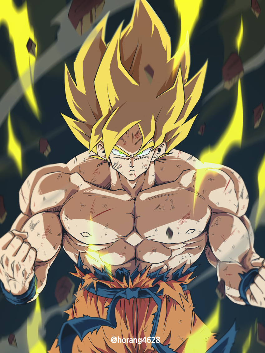 1boy absurdres artist_name biceps blonde_hair blood blood_from_mouth blue_sash blue_wristband clenched_hands closed_mouth collarbone commentary_request dougi dragon_ball dragon_ball_z electricity energy floating_rock frown green_eyes highres horang4628 korean_commentary looking_at_viewer male_focus muscular muscular_male pectorals ribs rock sash scratches serious solo son_goku spiky_hair super_saiyan super_saiyan_1 topless_male torn_clothes twitter_username v-shaped_eyebrows wristband