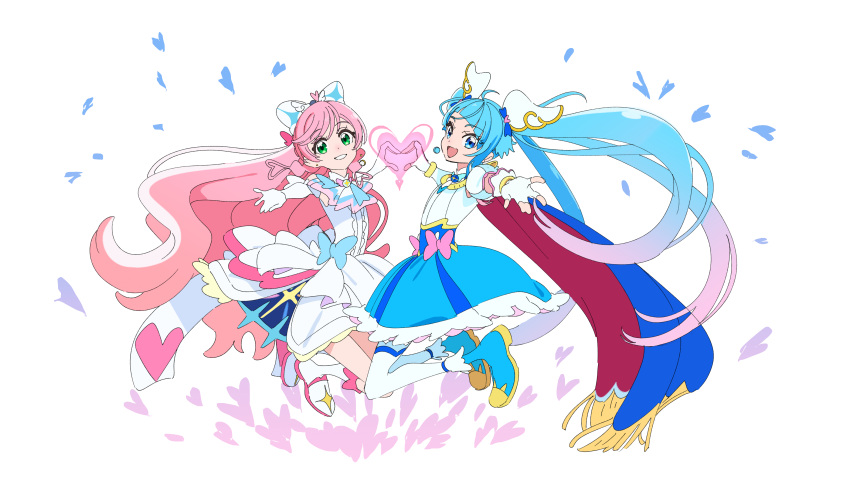 2girls absurdres bangs blue_eyes blue_hair blue_skirt boots bow commentary_request cure_prism cure_sky dress earrings feather_hair_ornament feathers fingerless_gloves glove_bow gloves gradient_hair green_eyes hair_bow hair_ornament heart heart_hands heart_hands_duo highres hirogaru_sky!_precure jewelry multicolored_hair multiple_girls nijigaoka_mashiro official_art pink_hair precure saitou_atsushi_(kamatamanankotu) skirt sora_harewataru twintails white_bow white_dress white_footwear white_gloves