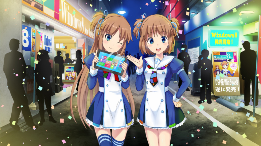 2girls :d ;) blue_eyes blue_thighhighs blush breasts brown_hair closed_mouth dress hair_ornament hair_ribbon highres holding long_hair looking_at_viewer madobe_ai madobe_yuu microsoft_windows multiple_girls neckerchief night one_eye_closed open_mouth os-tan people personification ribbon road short_hair siblings side_ponytail sisters small_breasts smile storefront street tablet_pc thigh-highs windows_8