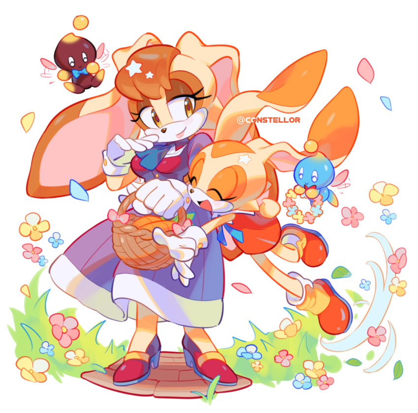 2girls 2others animal_ears animal_nose arms_up artist_name ascot bangs basket blue_ascot blue_bow blue_bowtie blue_flower blue_ribbon blue_skin boots bow bowtie breasts brown_eyes brown_fur brown_hair buttons carrot cheese_(sonic) closed_mouth collared_dress colored_skin commentary constellor cream_the_rabbit dark_skin dress eyelashes flower flying food gloves grass hair_between_eyes hands_up high_heels highres holding holding_basket hug hug_from_behind jumping leg_up lips lipstick looking_at_another makeup medium_breasts mother_and_daughter multicolored_clothes multiple_girls multiple_others neck_ribbon open_mouth orange_dress orange_footwear orange_fur petals pink_bow pink_flower puffy_short_sleeves puffy_sleeves purple_dress rabbit_ears rabbit_girl rabbit_tail red_bow red_bowtie red_footwear ribbon road shadow shoes short_hair short_sleeves simple_background smile sonic_(series) star_(symbol) symbol-only_commentary tail tongue two-tone_fur vanilla_the_rabbit white_background white_gloves wing_collar wings yellow_flower yellow_fur