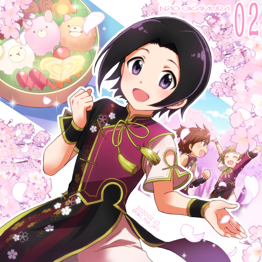 2020 3boys aki_ma_jiro asymmetrical_sleeves bangs black_hair black_wristband brown_hair character_name clenched_hand closed_eyes dated floral_print food highres himeno_kanon idolmaster idolmaster_side-m japanese_clothes light_brown_hair looking_at_viewer male_child male_focus multiple_boys okamura_nao open_mouth petals sausage short_sleeves tachibana_shiro_(idolmaster) violet_eyes