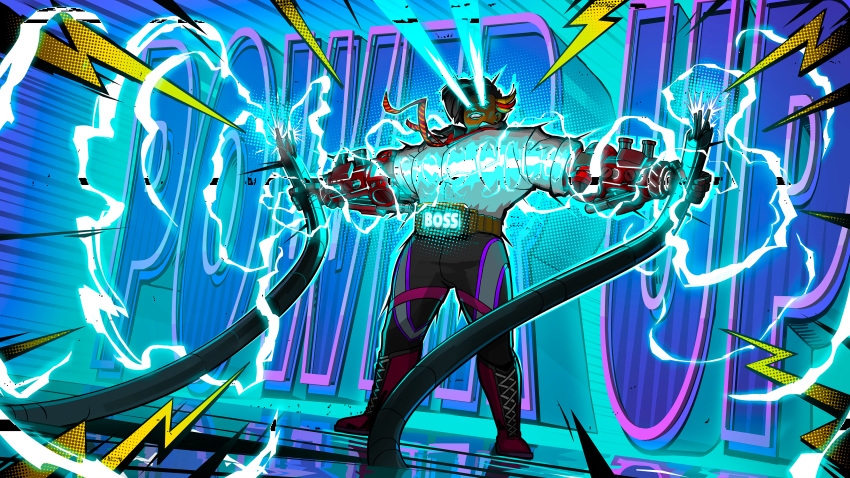absurdres belt business_suit cable electricity formal game_cg glowing glowing_eyes hi-fi_rush highres mechanical_arms multicolored_background muscular muscular_female non-web_source rekka_(hi-fi_rush) suit wrestling_boots