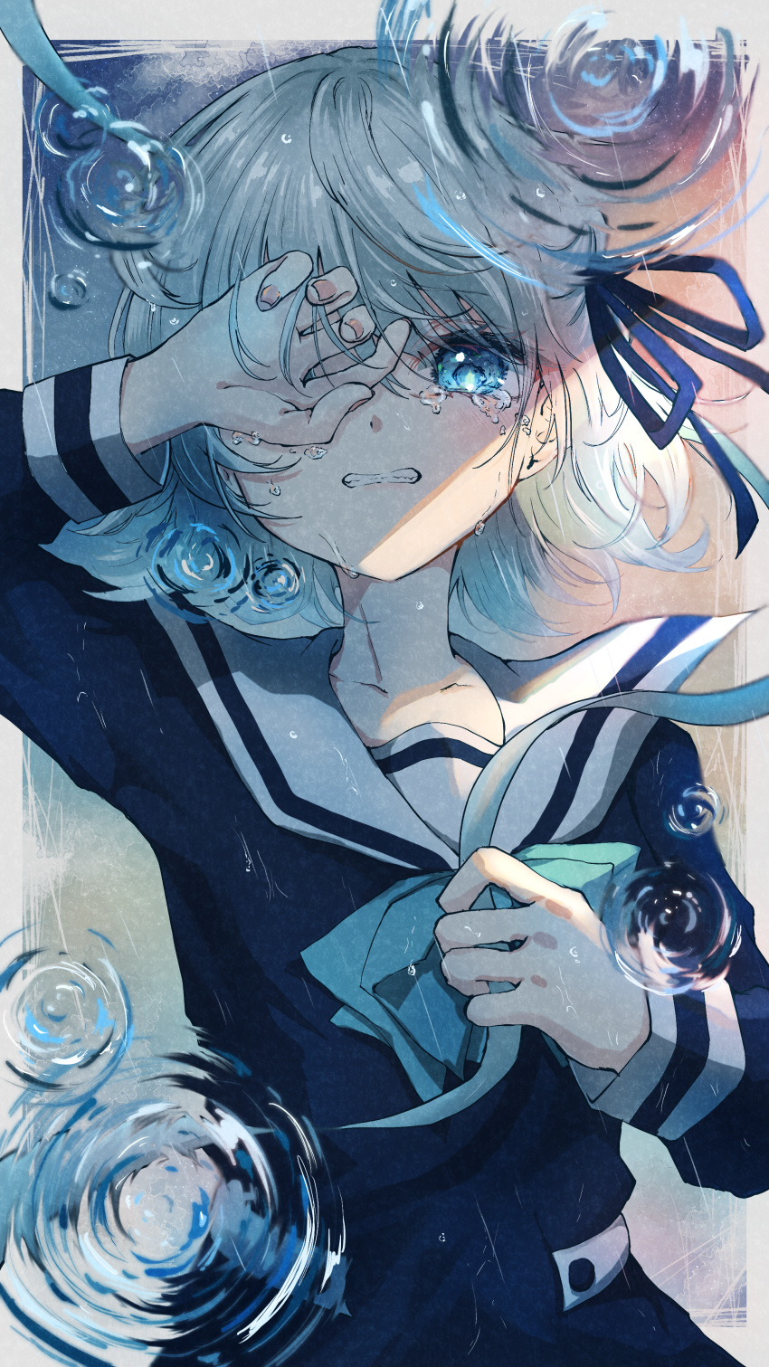 1girl absurdres arm_up black_dress blue_eyes character_request covering_one_eye crying crying_with_eyes_open dress grey_hair highres kayon_(touzoku) long_sleeves looking_at_viewer ripples sailor_collar short_hair solo tears tuyu_(band) white_sailor_collar