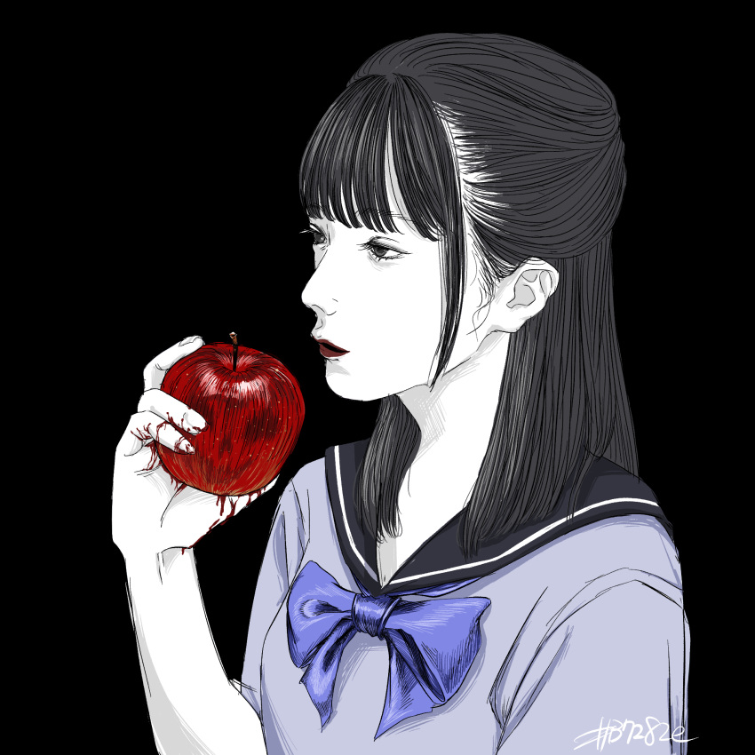 #b7282e 1girl ambiguous_red_liquid apple artist_name bangs black_background black_eyes black_hair black_sailor_collar blue_bow blue_bowtie blue_shirt blunt_bangs bow bowtie breasts closed_mouth colored_skin commentary_request dripping food fruit half-closed_eyes hand_up highres holding holding_food holding_fruit long_hair original realistic red_lips sailor_collar school_uniform serafuku shirt short_sleeves sidelocks signature simple_background small_breasts solo upper_body white_skin