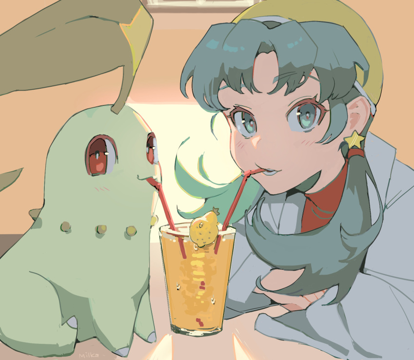 1girl casual chikorita cup drink drinking drinking_glass drinking_straw earrings green_eyes green_hair hat highres jewelry kris_(pokemon) looking_at_viewer milka_(milk4ppl) pokemon pokemon_(creature) pokemon_adventures red_eyes solo star_(symbol) star_earrings yellow_headwear