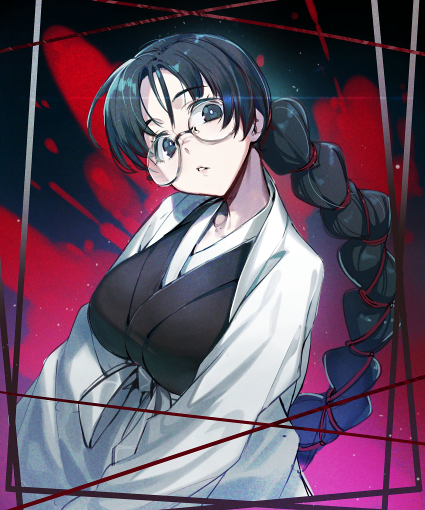 :o absurdres black_eyes black_hair bleach braid breasts character_request controlline3 head_tilt highres japanese_clothes large_breasts long_hair looking_at_viewer pale_skin red_ribbon ribbon single_braid tareme