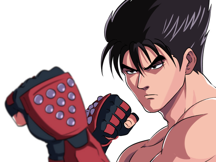 1boy black_eyes black_hair closed_mouth fighting_stance fingerless_gloves gloves highres kazama_jin male_focus simple_background solo tekken tina_fate topless_male upper_body white_background